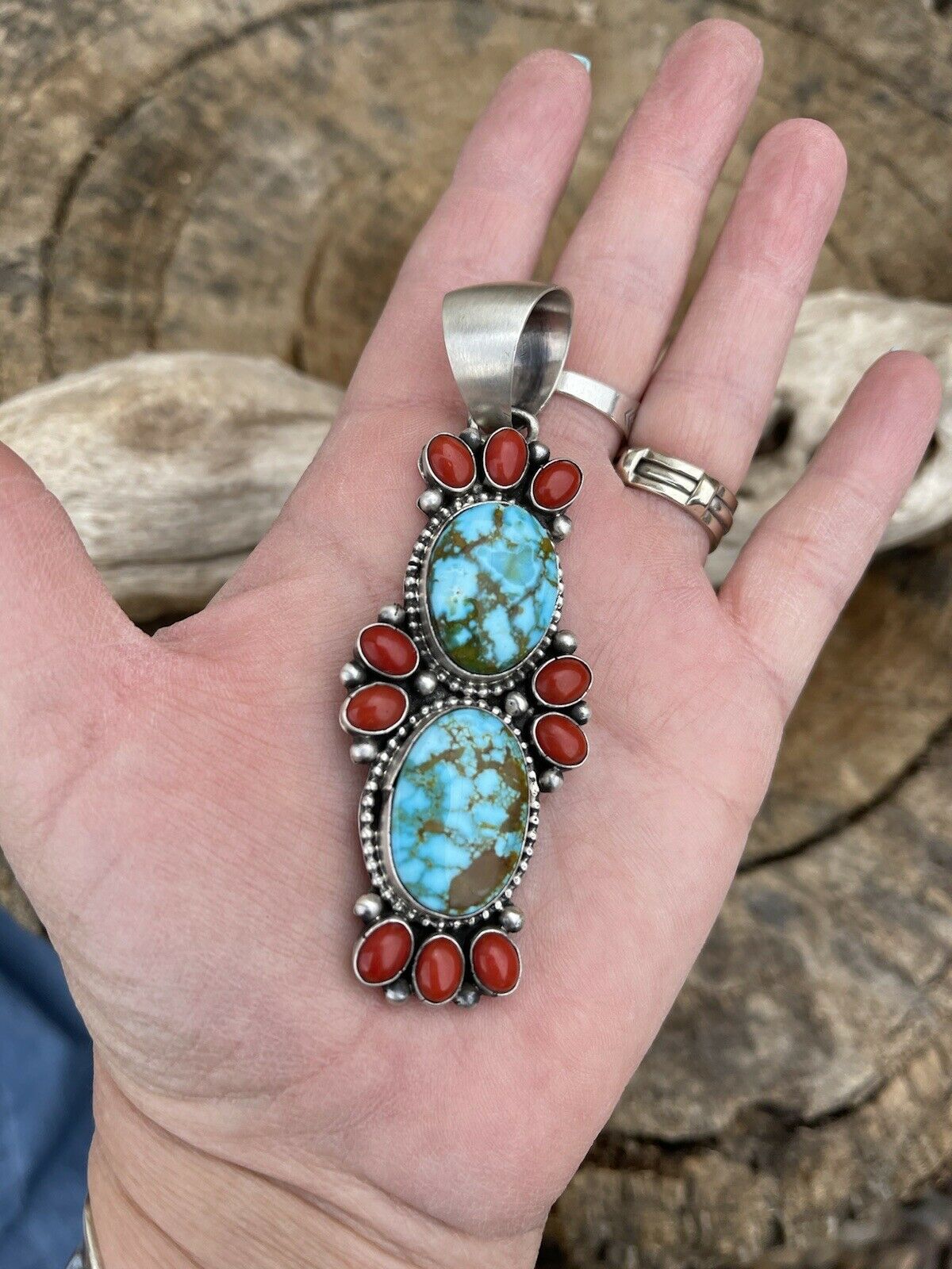 Handcrafted Sterling Kingman Web Turquoise & Red Coral Taos Pendant Bea Tom