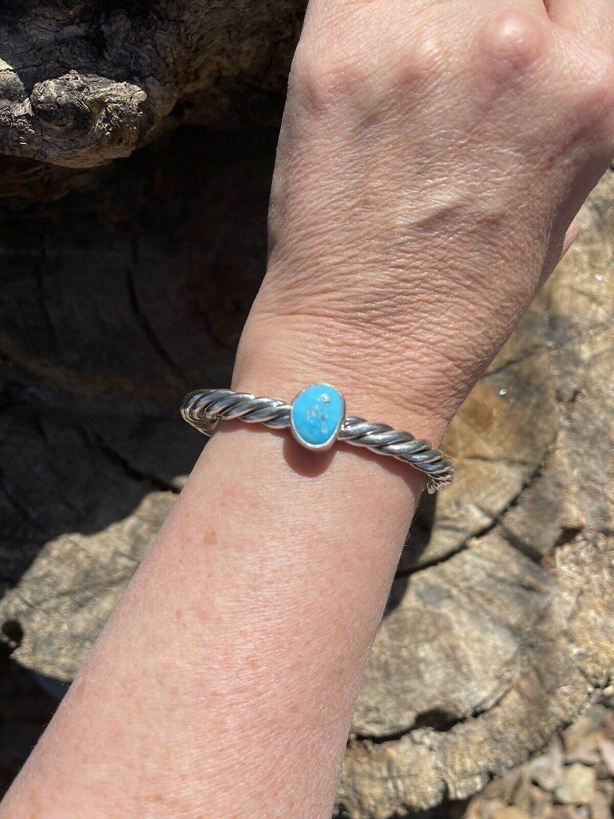 Handcrafted Sterling Silver Rope Twist Natural Turquoise Cuff Bracelet
