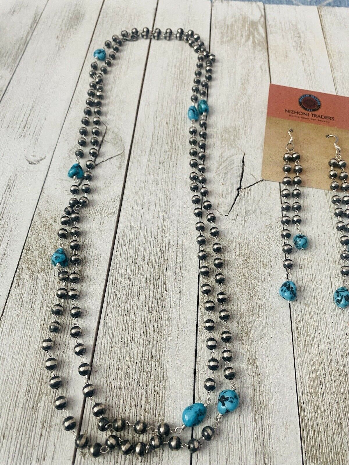 Handcrafted Kingman Turquoise & Sterling Silver Pearl Beaded Necklace Set