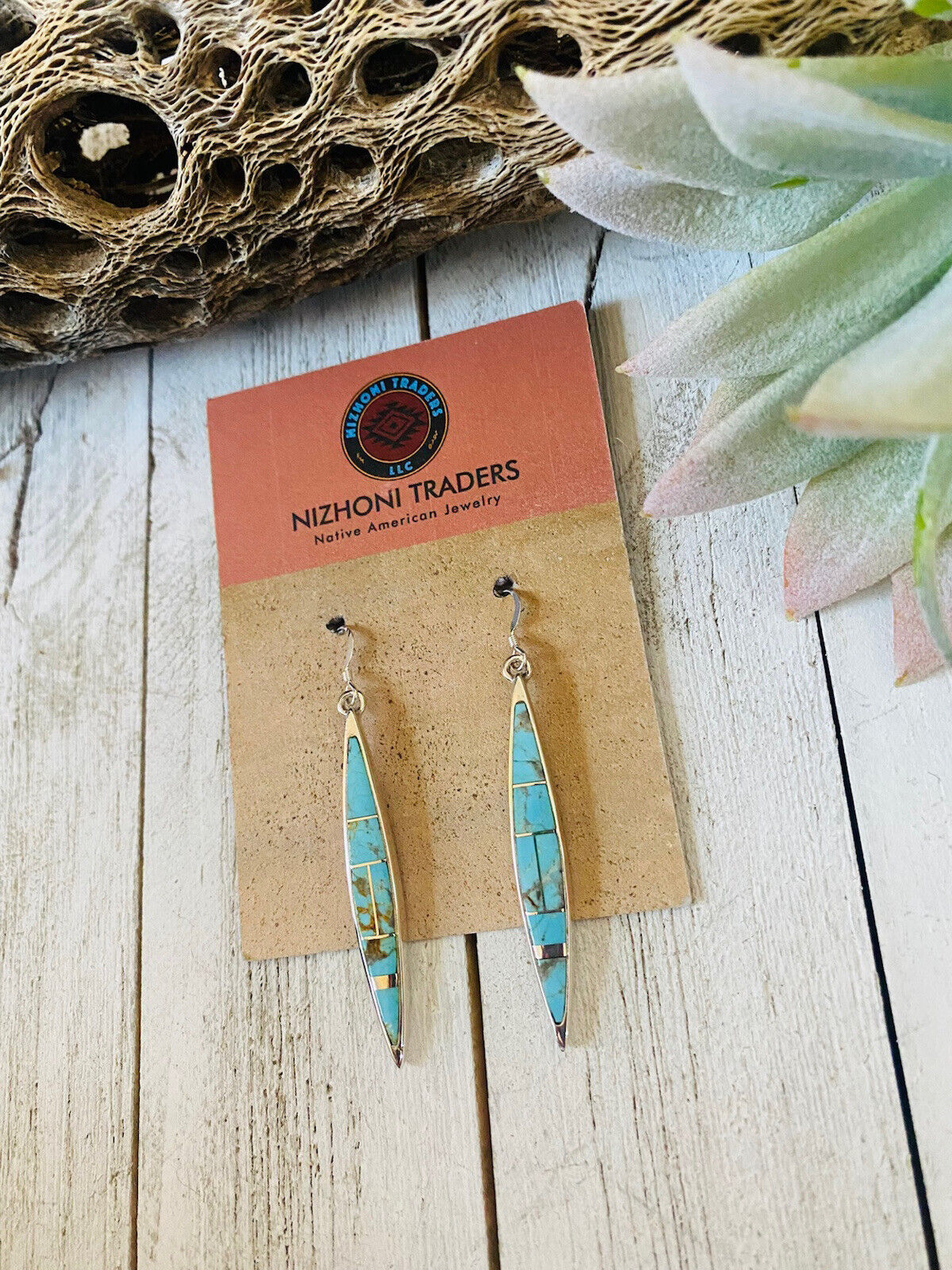 Handcrafted Number 8 Turquoise And Sterling Silver Inlay Dangle Earrings