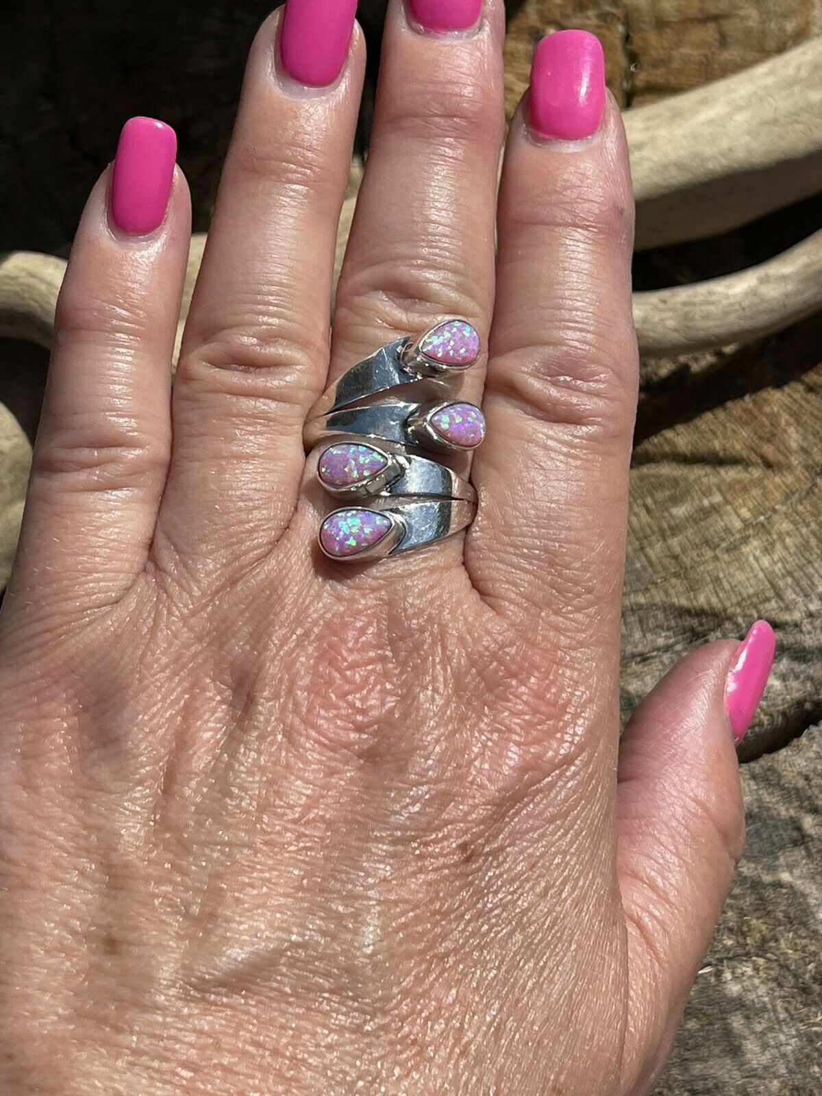 Handcrafted Sterling Silver Pink/ Purple Opal Adjustable 4 Stone Ring