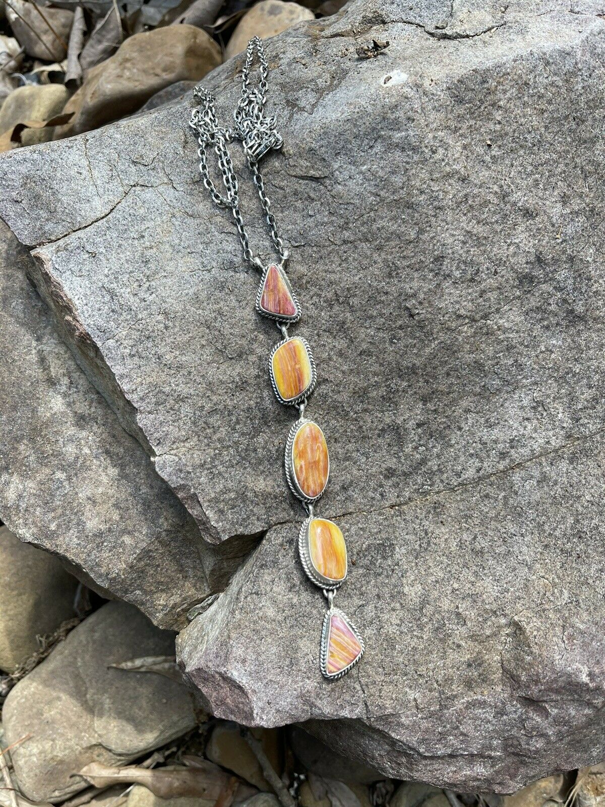 Handcrafted Spiny and Sterling 5 Stone Multi Shape Lariat Necklace