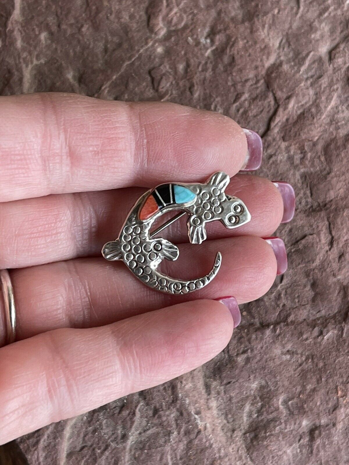 HandcraftedSterling Silver Turquoise, Onyx and Spiny Stone Lizard Pendant Pin Signed