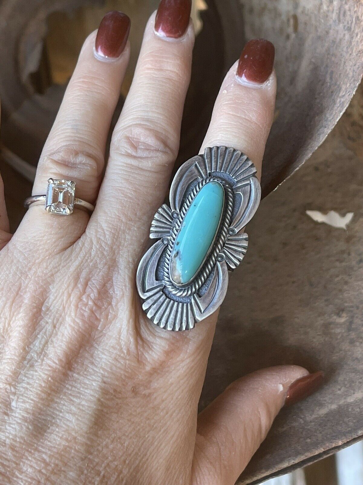 Handcrafted Turquoise & Sterling Silver Navajo Deco Ring Size 7.5