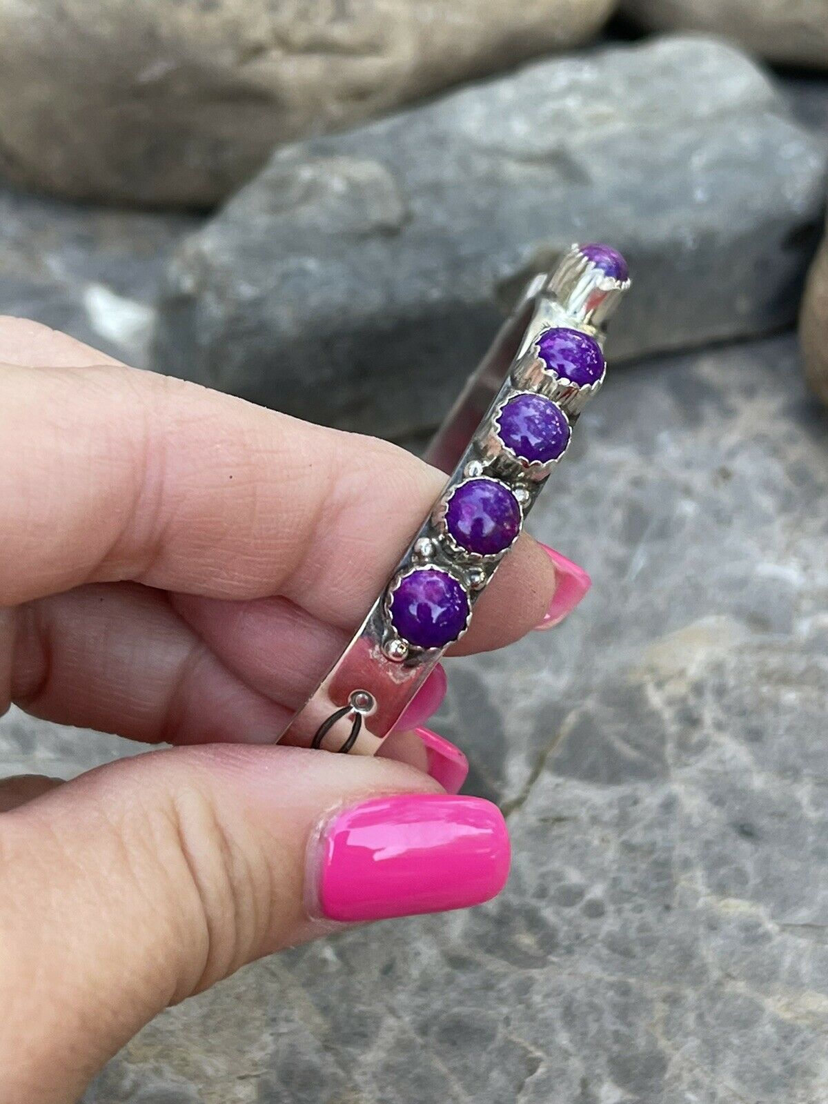 Handcrafted Purple Spiny Sterling Silver Heart Cuff Bracelet Stamped G. Boyd