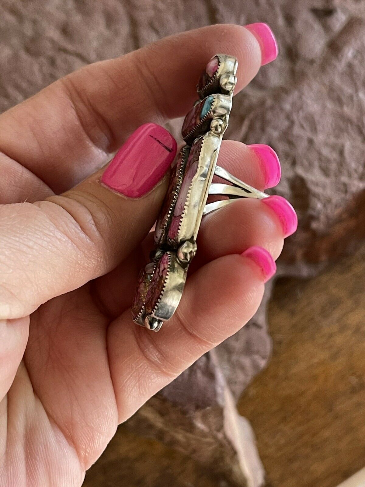 Handcrafted 6 stone Pink Dream Mojave & Sterling Silver Ring Size 8