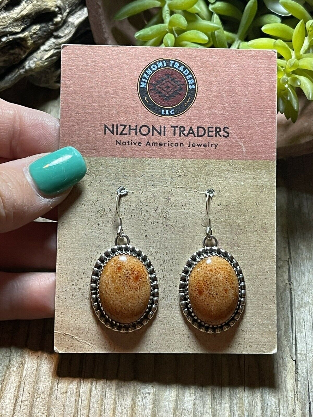 Handcrafted Sterling Silver Apple Coral Oval Dangle Earrings