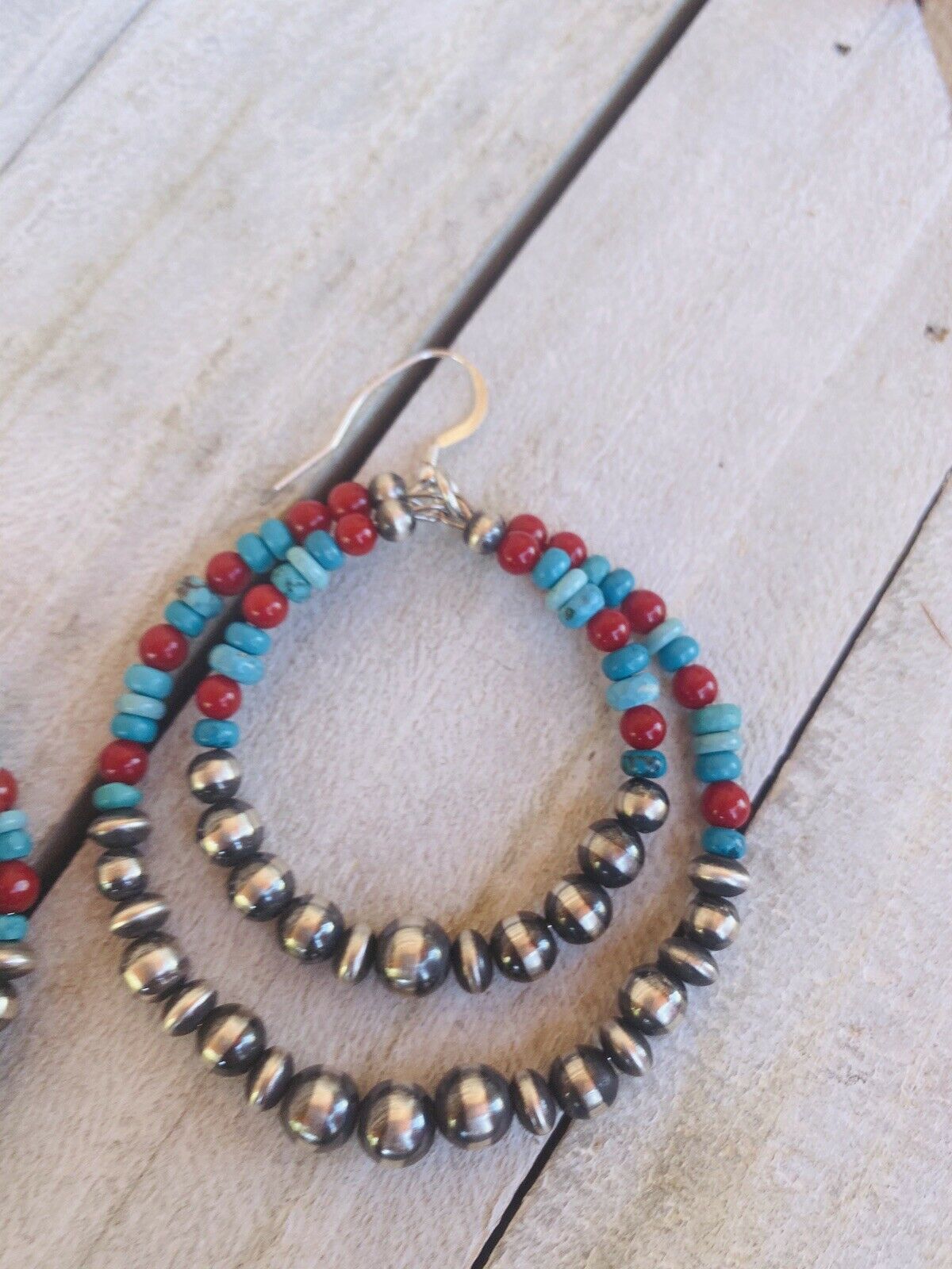 Handcrafted Turquoise, Coral & Sterling Silver Pearl Dangle Hoop Earrings