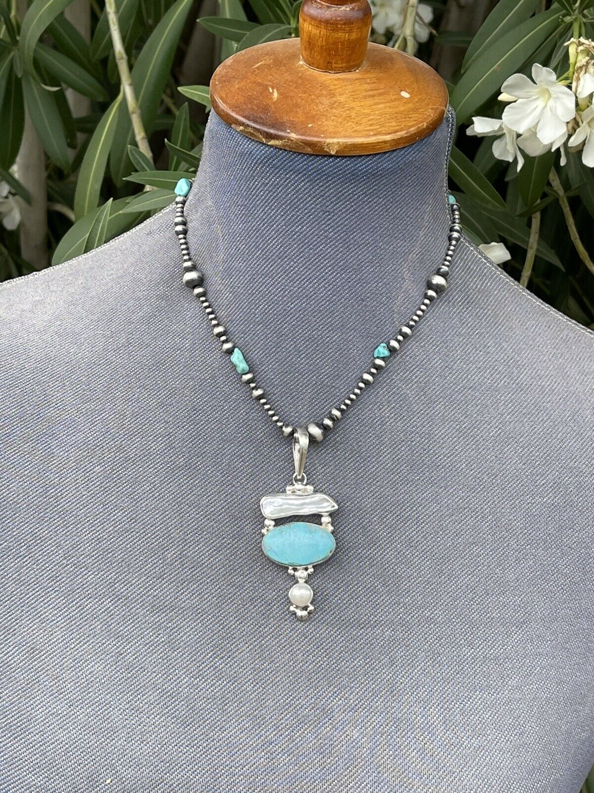 Handcrafted Turquoise & Mother Of Pearl Sterling Silver Pendant