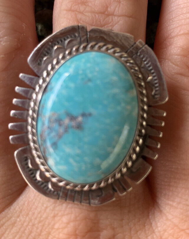 Handcrafted Kingman Turquoise Stamped Sterling Silver Signed Statement Ring