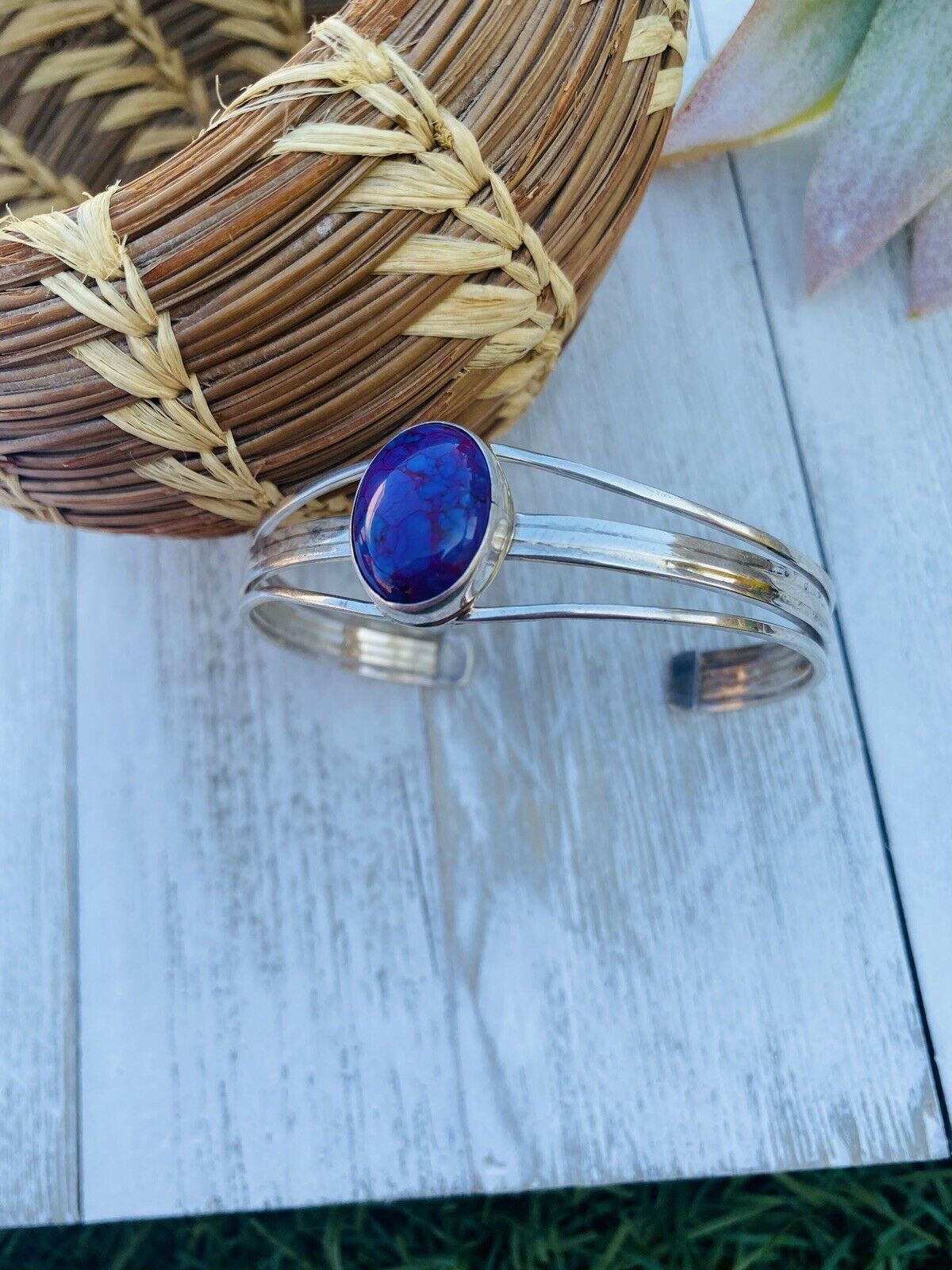 Handcrafted Purple Kingman Turquoise & Sterling Silver Cuff Bracelet Signed