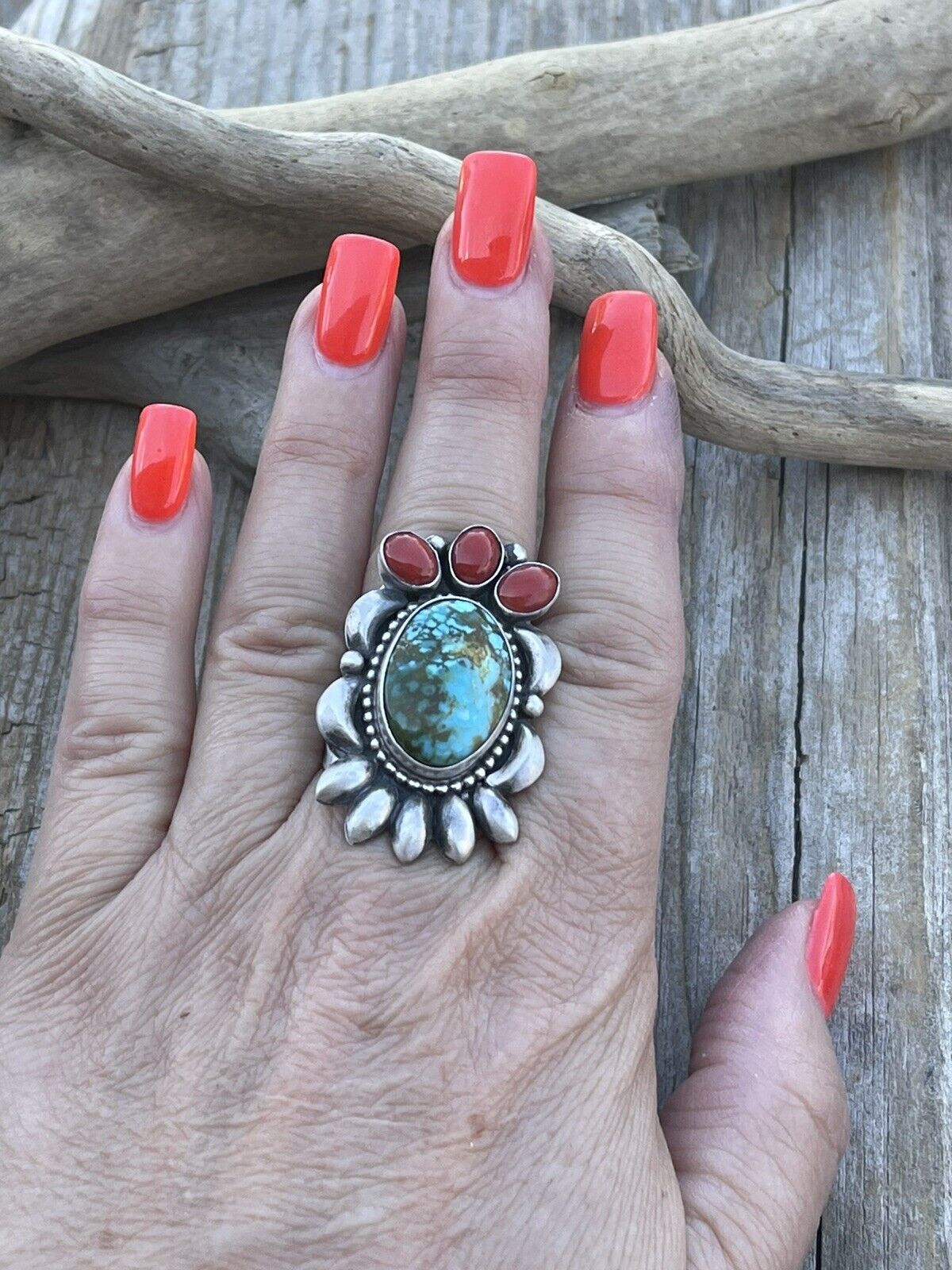 Navajo Sterling Kingman Web Turquoise & Red Coral Taos Collection Ring by Danny Clark, Sz 6.5