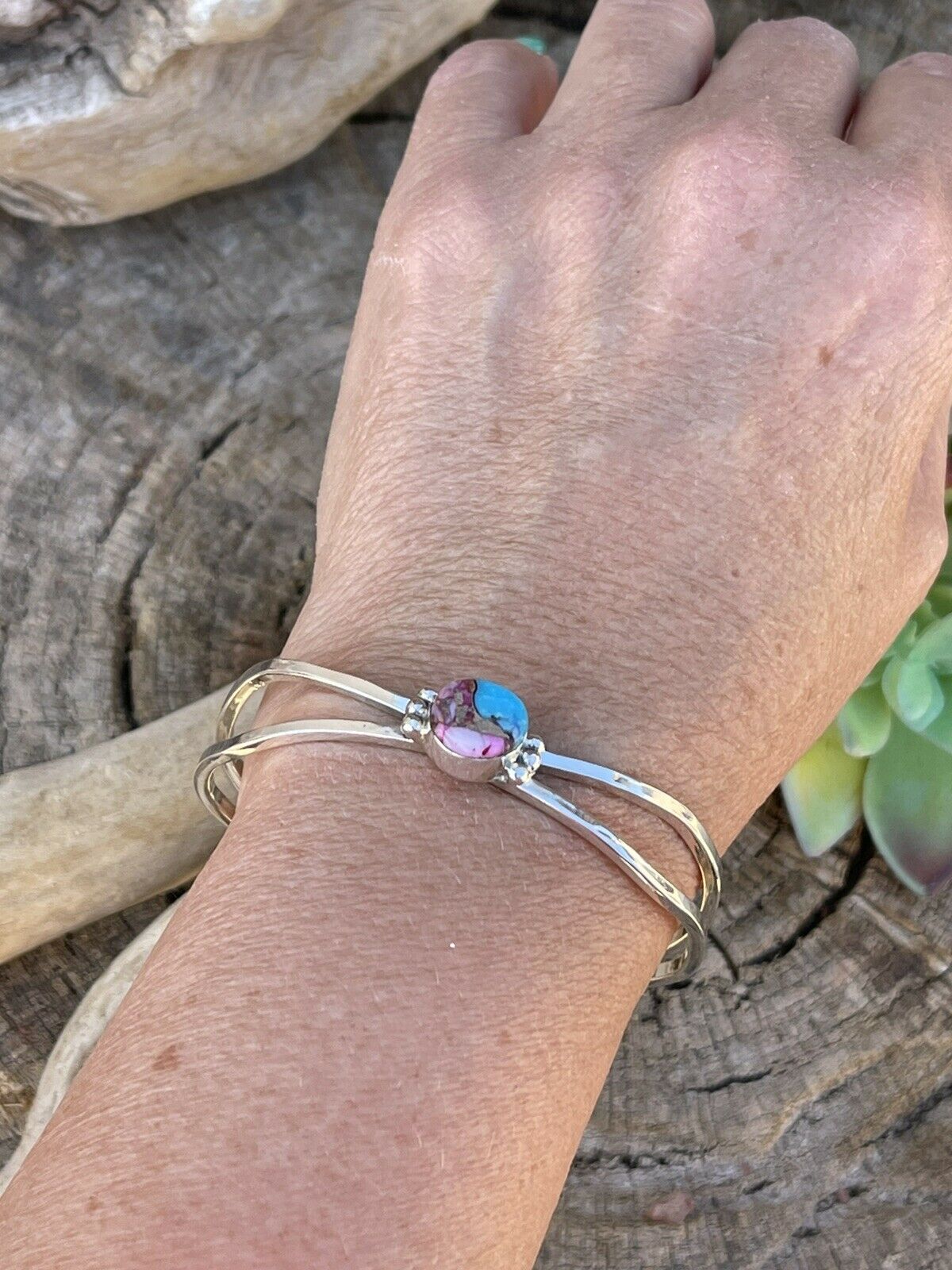 Handcrafted Pink Dream Mohave Sterling Silver Cuff Stacker Bracelet Signed