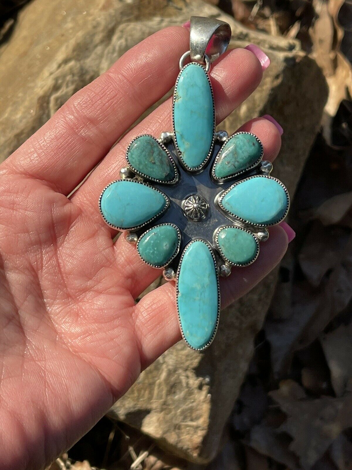 Handcrafted Multi Turquoise Cluster & Sterling Pendant Signed