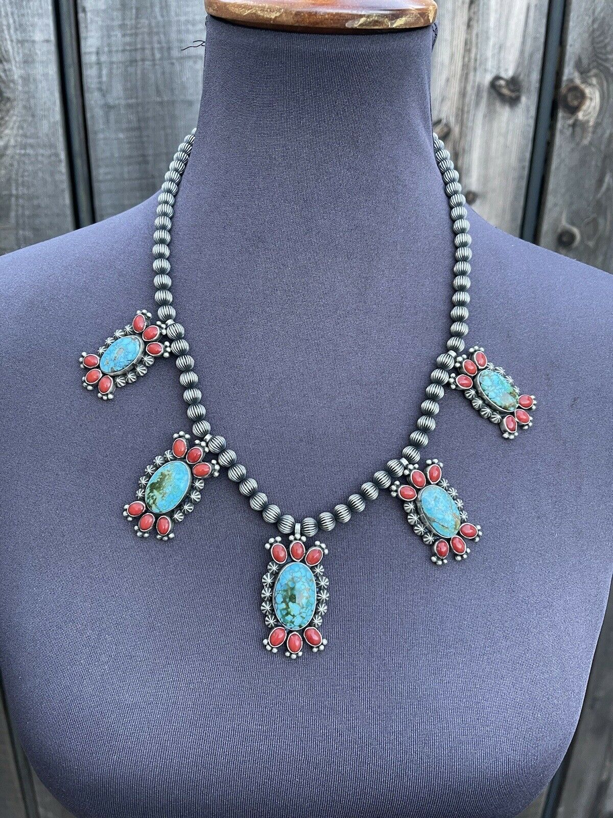 Handcrafted Sterling Kingman Turquoise Natural Red Coral Necklace Taos Collection
