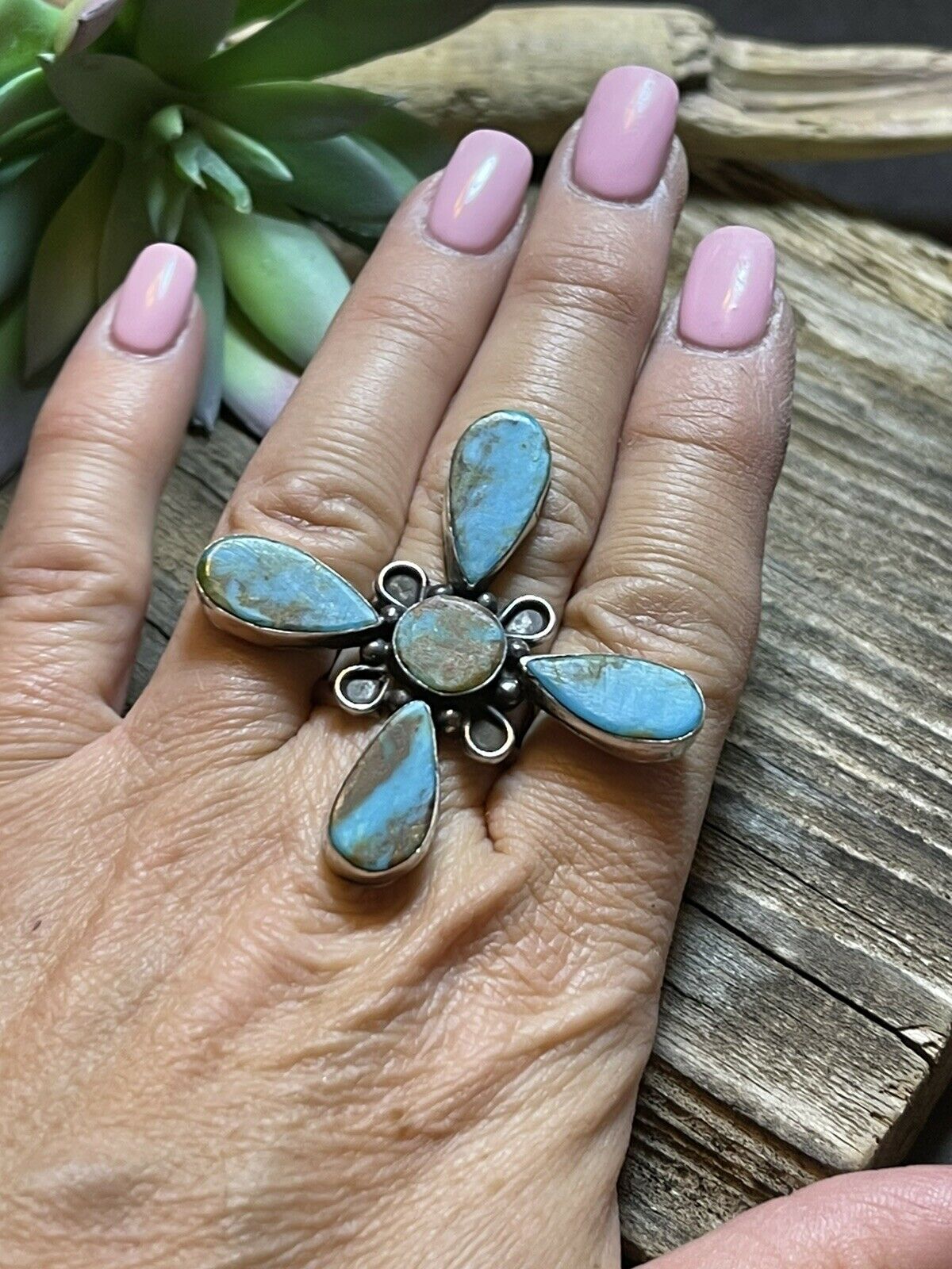 Handcrafted Sterling Silver & Royston Turquoise Scroll Petal Ring Size 7 Signed