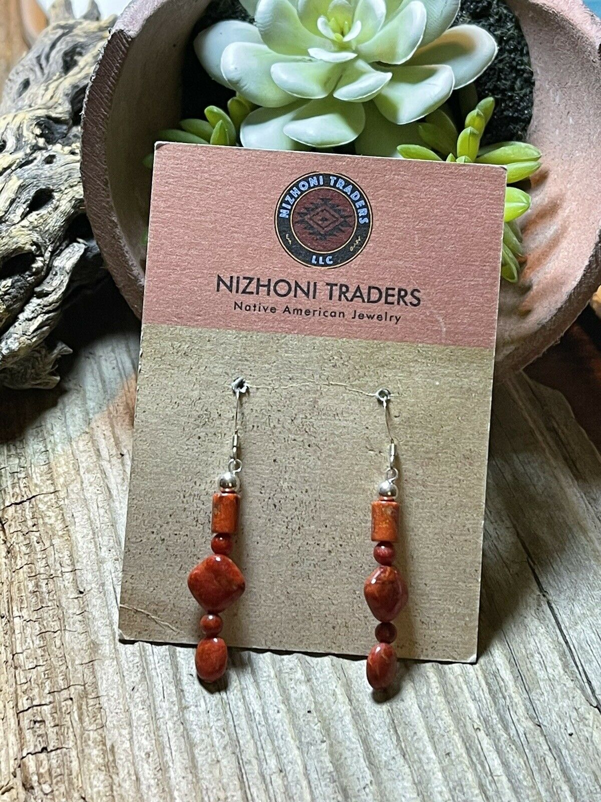 Handcrafted Sterling Silver Apple Coral Strand Beaded Earrings