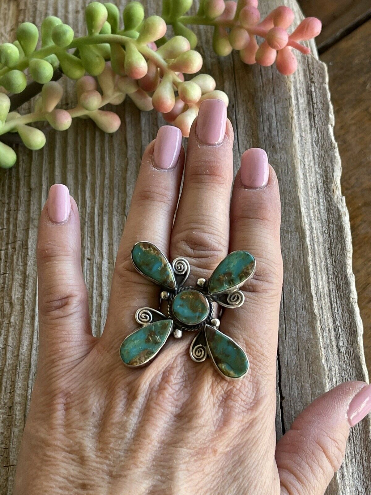 Sterling Silver & Royston Turquoise Scroll Petal Ring Size 8. Signed