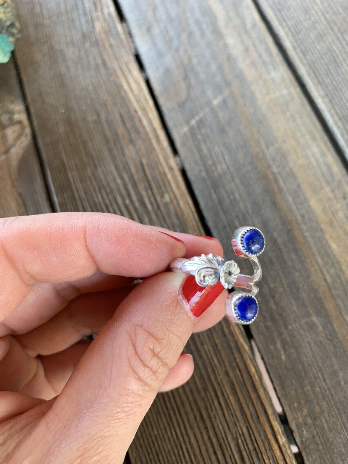 Handcrafted Lapis Sterling Silver Adjustable Flower Ring
