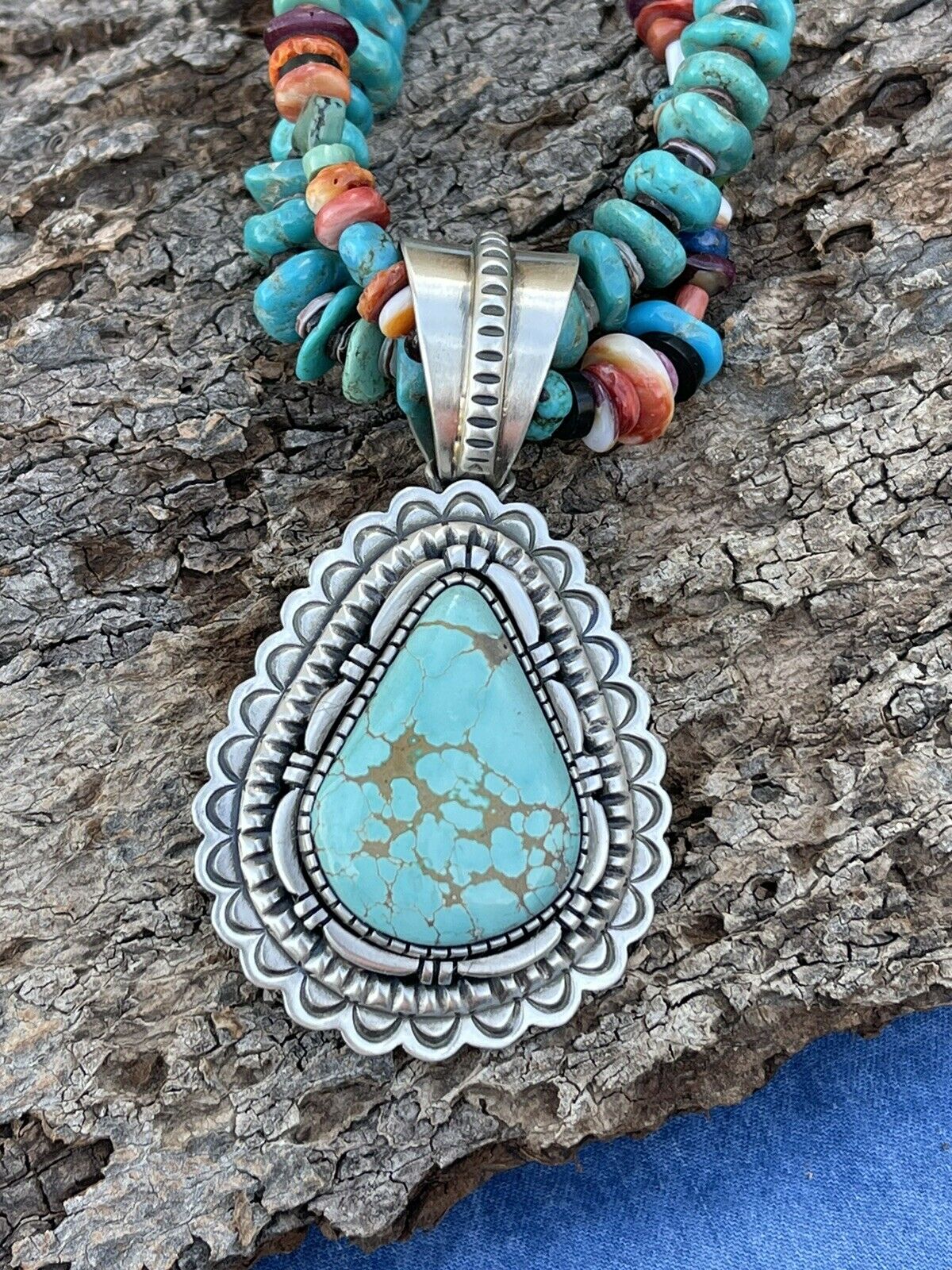 Navajo Number 8 Turquoise & Sterling Silver Jumbo Pendant Signed