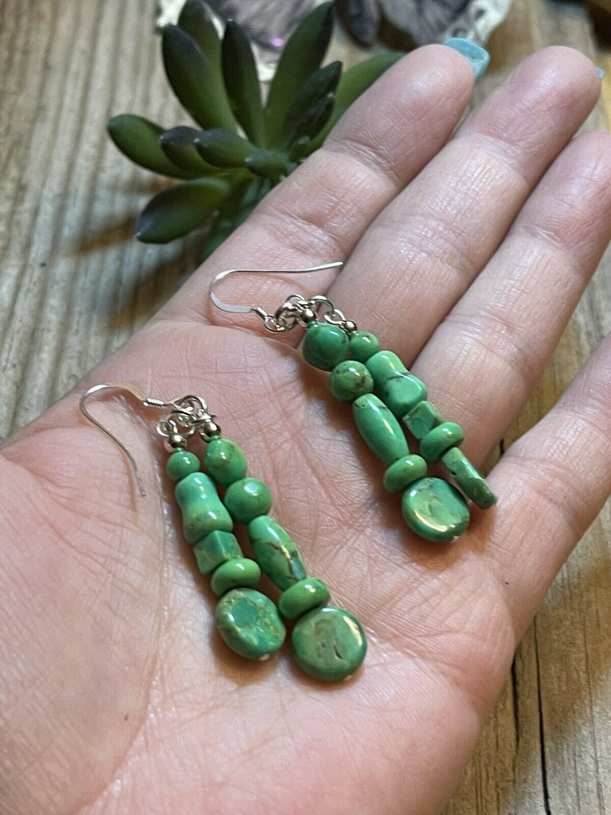 Handcrafted Sterling Dyed Green Kingman Turquoise Multi Bead Earrings