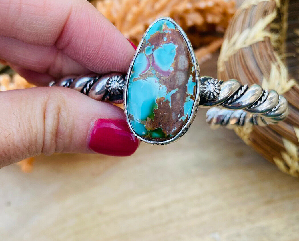 Handcrafted & Hand Stamped Sterling Silver & Royston Turquoise Cuff Bracelet
