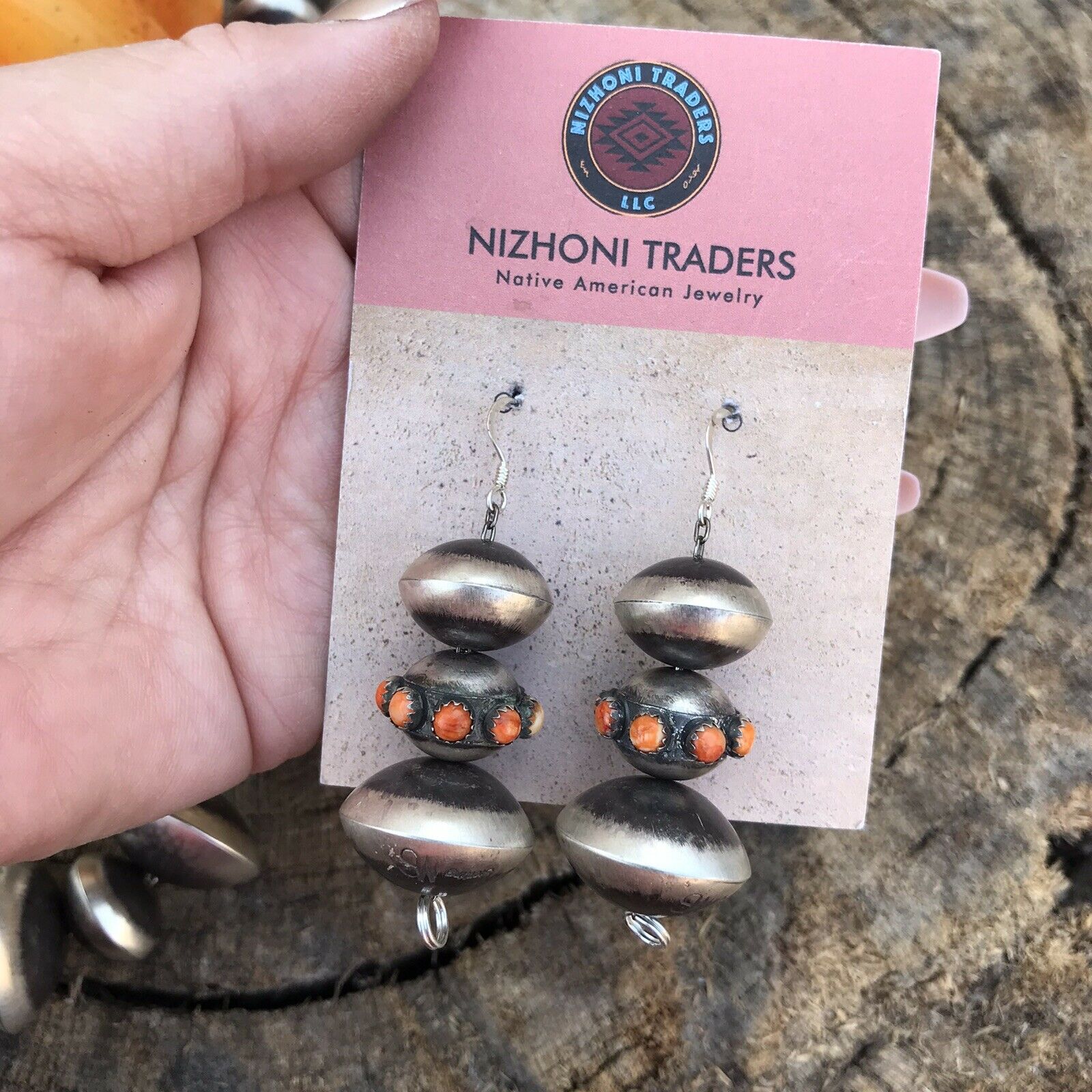 Handcrafted Orange Spiny & Sterling Disk Pearl 20 Mm -12 Mm Bead Necklace Set