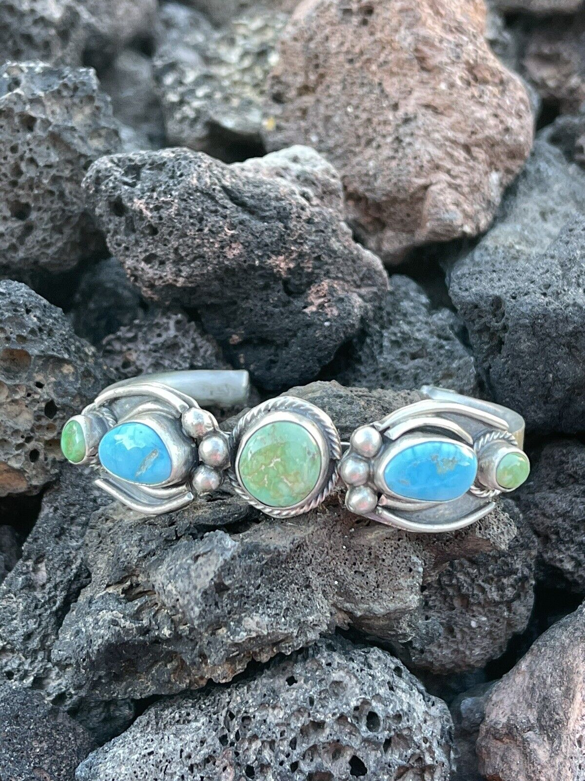 Navajo Sterling Sonoran Gold & Golden Hills Turquoise Cuff Bracelet Signed /