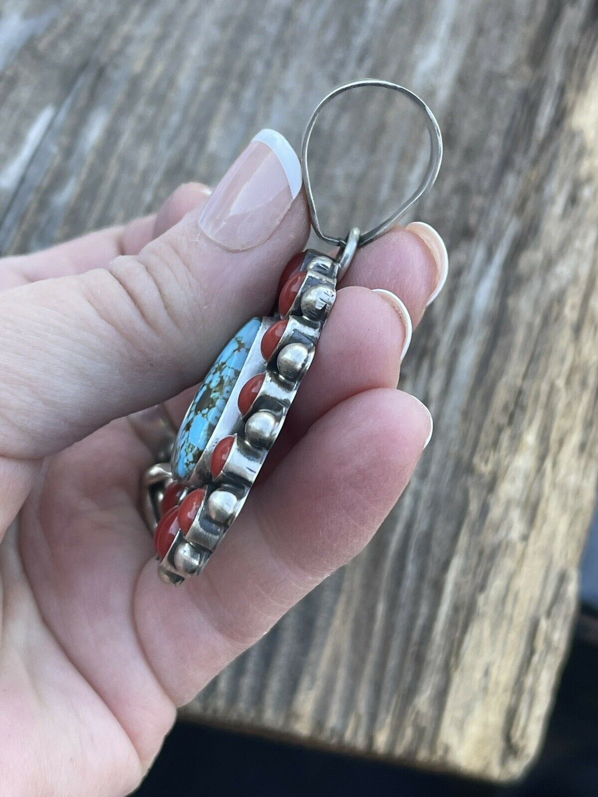 Handcrafted Sterling Kingman Web Turquoise & Red Coral Taos Pendant Kathleen Chavez