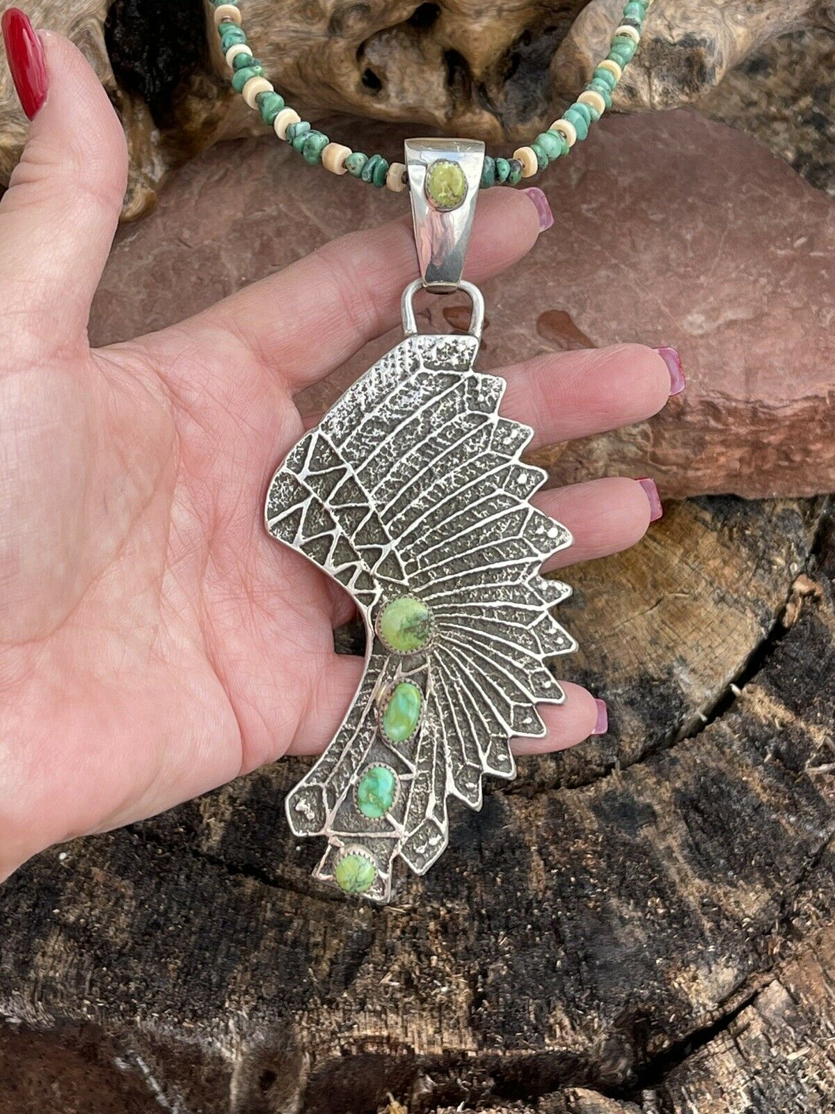 Handcrafted Sterling Silver Sonoran Gold Turquoise 4 Stone Indian Chief Pendant