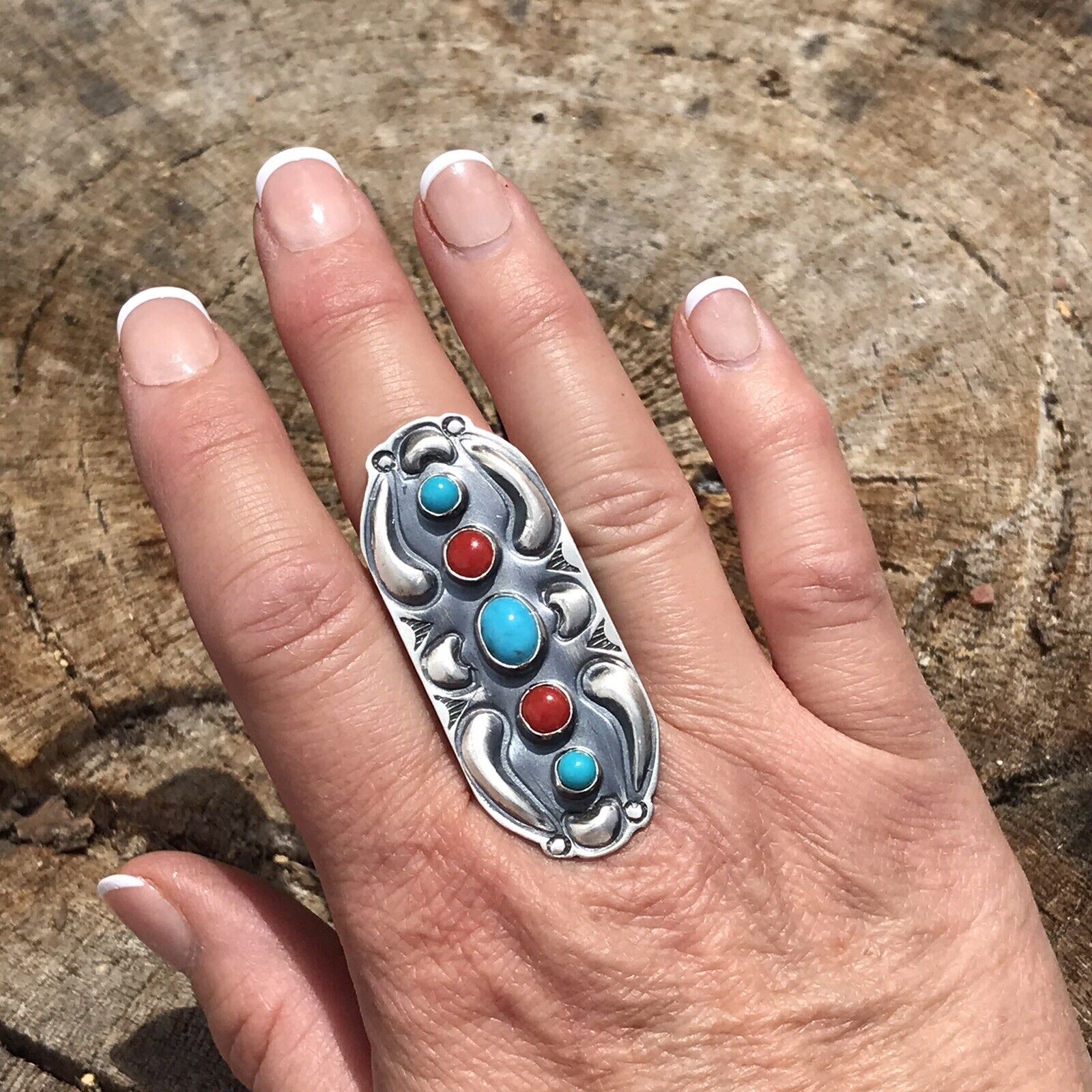 Handcrafted Sterling Silver Turquoise Coral 5 Stone Ring