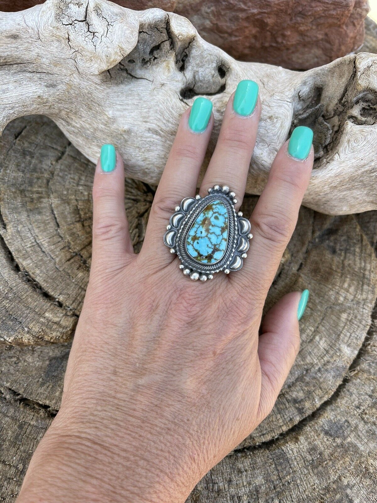 Handcrafted Sonoran Mountain Turquoise & Sterling Silver Statement Ring Size 7