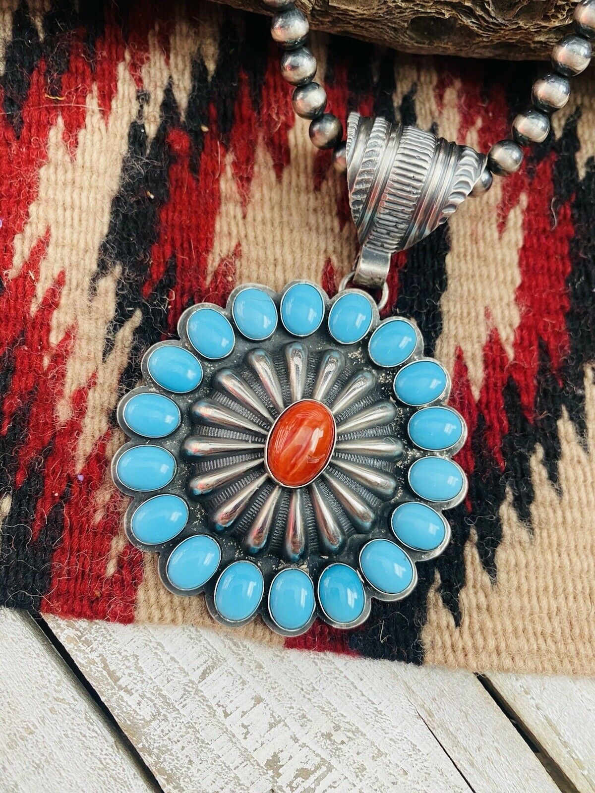 Handcrafted Sterling Silver, Turquoise & Red Spiny Pendant Signed