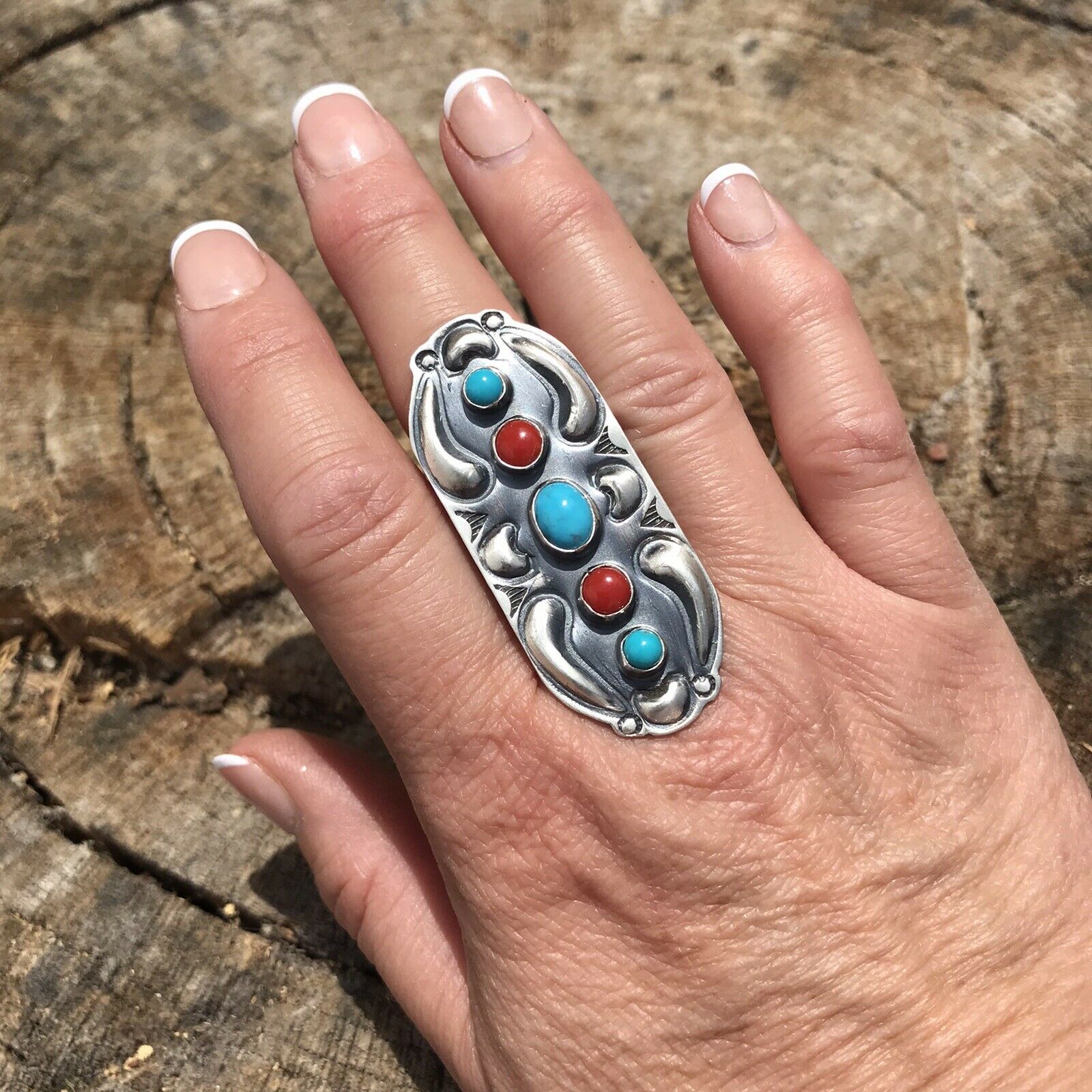 Handcrafted Sterling Silver Turquoise Coral 5 Stone Ring