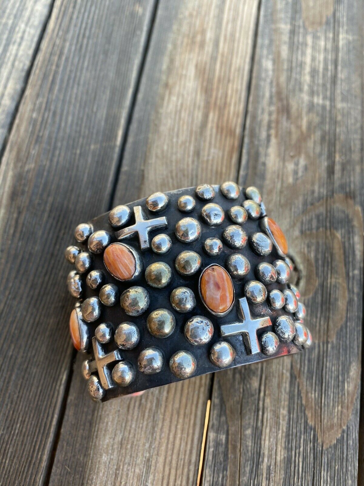 Handcrafted Sterling Silver & Orange Spiny Cross Bracelet By Chimney Butte Signed