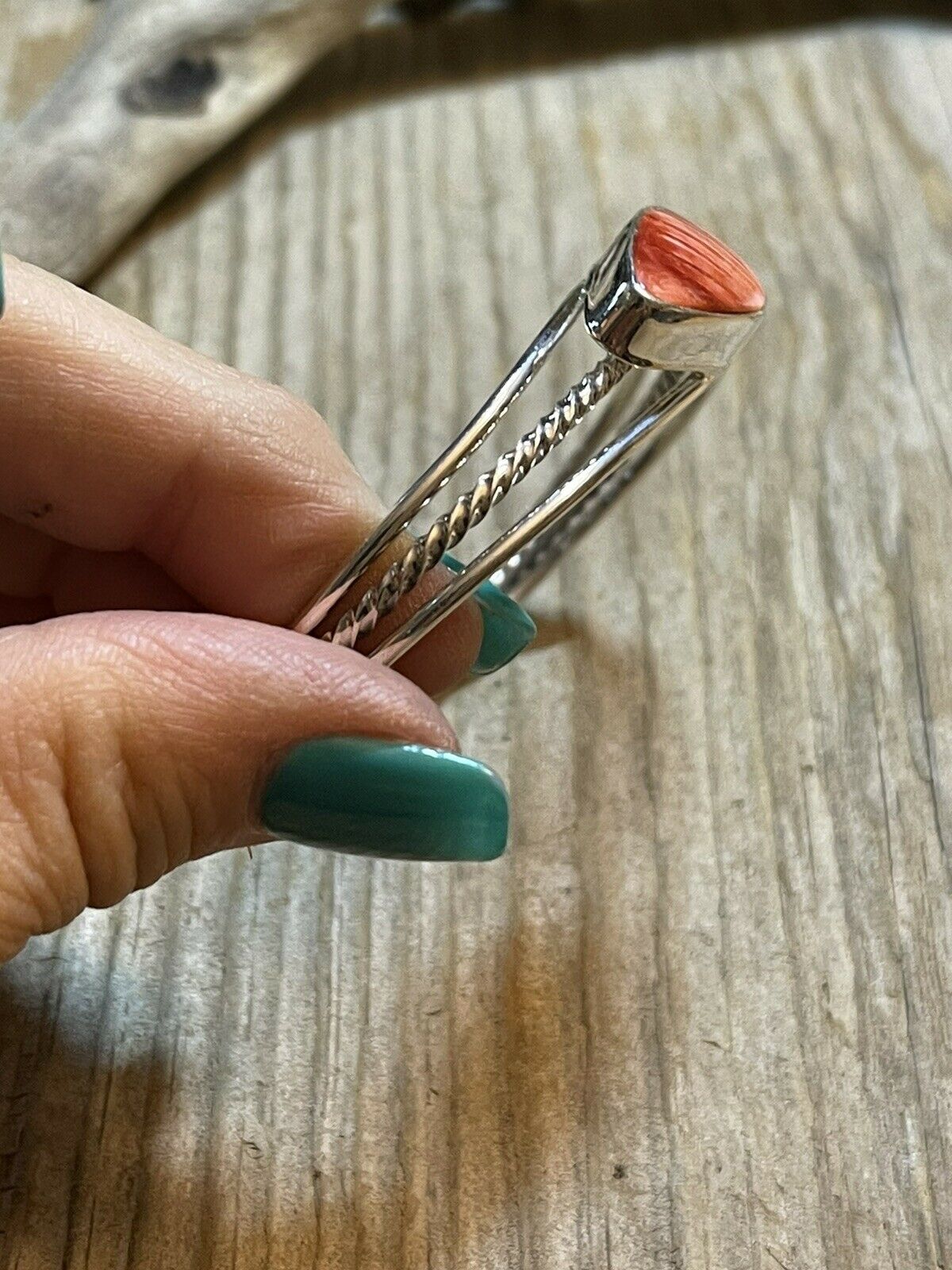 Handcrafted Teardrop Orange Spiny Sterling Silver Bracelet Rope Style Cuff
