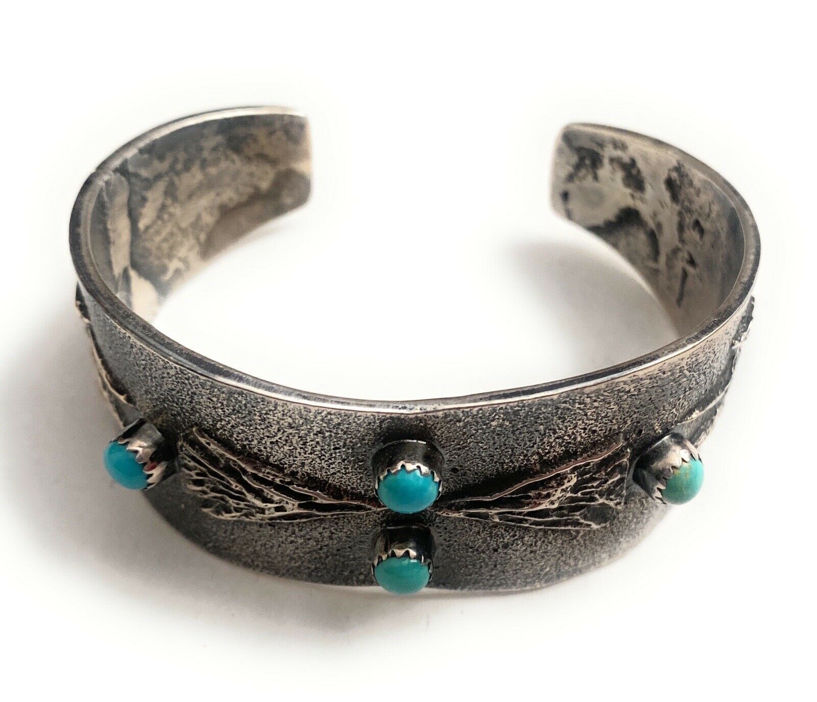 Handcrafted Old Pawn Vintage Turquoise & Sterling Silver Tufa Cast Cuff Bracelet /