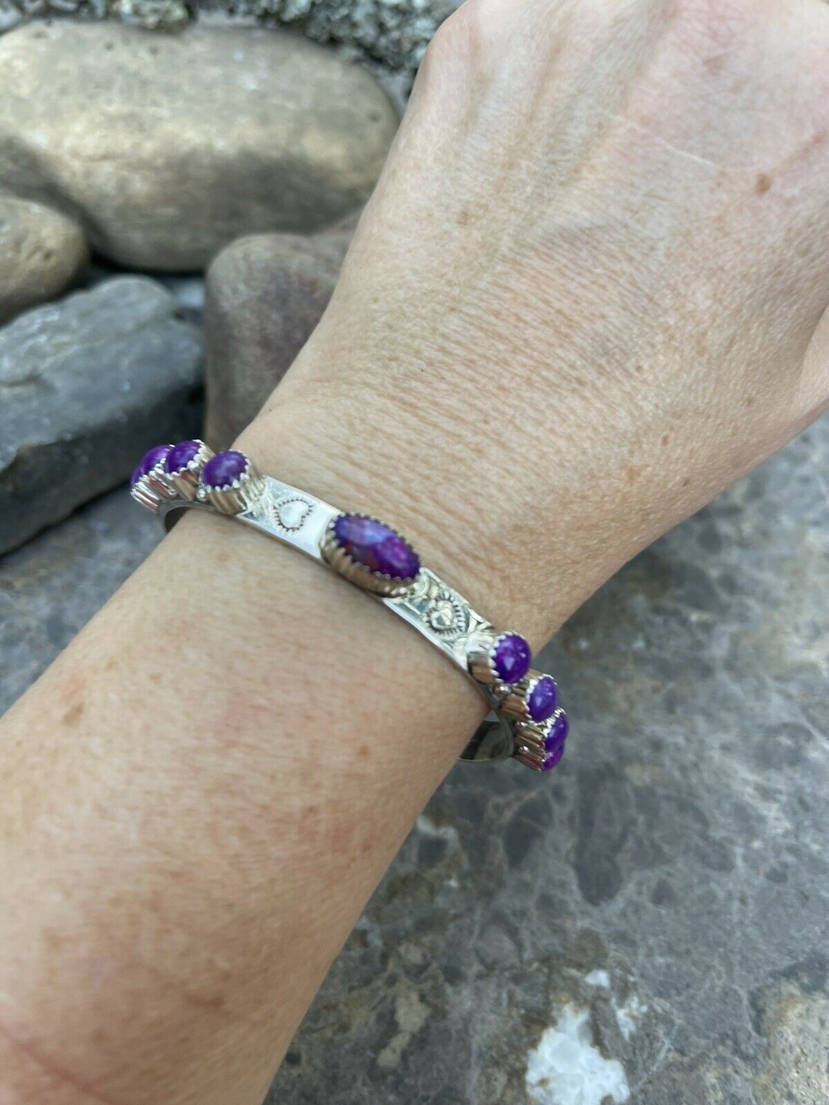 Handcrafted Purple Spiny Sterling Silver Heart Cuff Bracelet Stamped G. Boyd