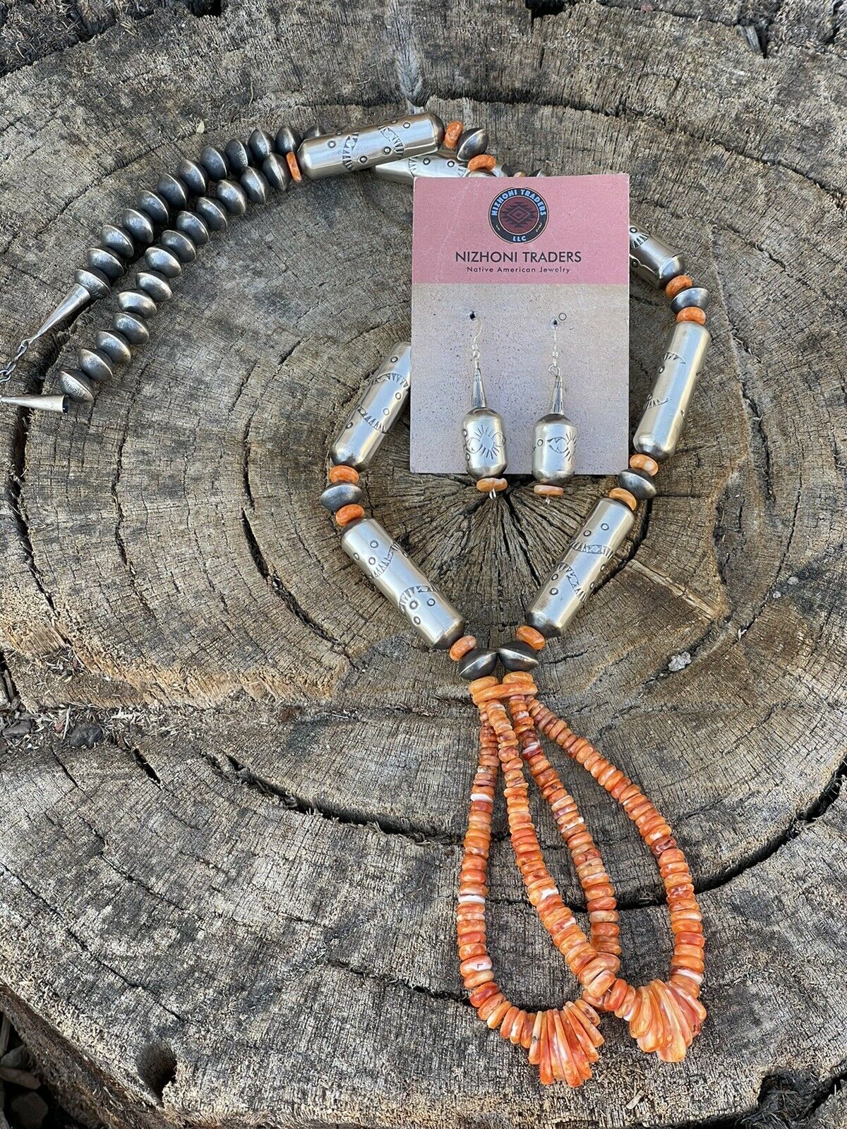 Handcrafted Sterling Silver Handmade Orange Spiny Jacla Necklace & Earring Set
