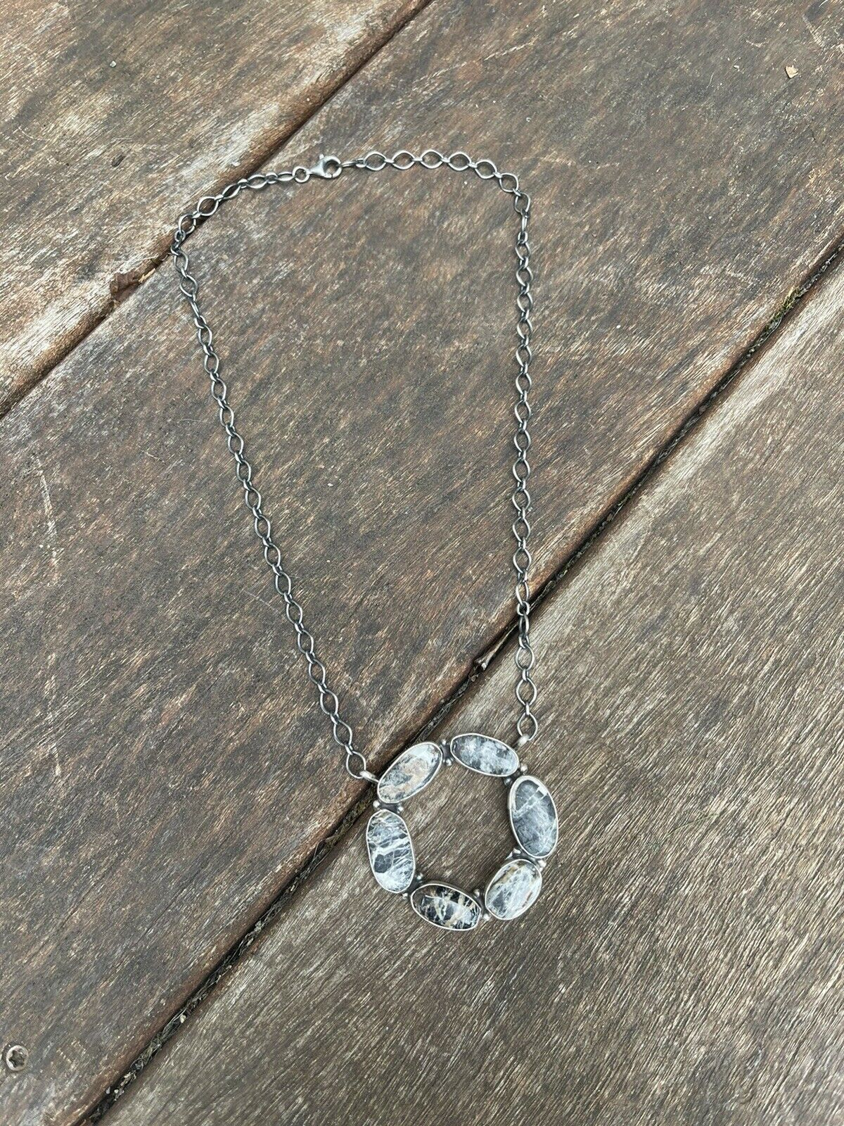 Handcrafted White Buffalo & Sterling Silver Circle Cluster Necklace Signed