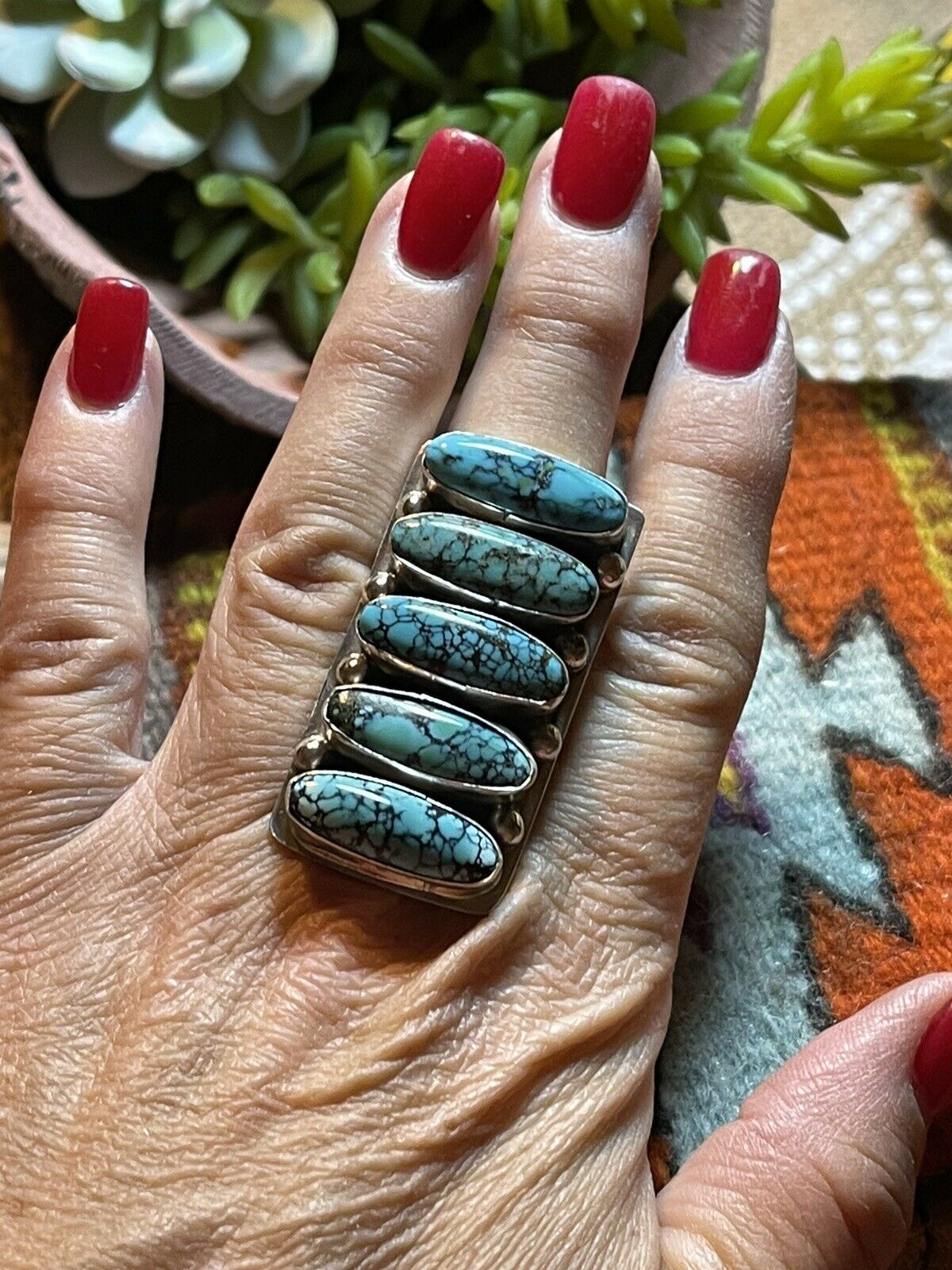 Handcrafted Blue Oval Turquoise & Sterling Silver Ring Sz 7 Signed