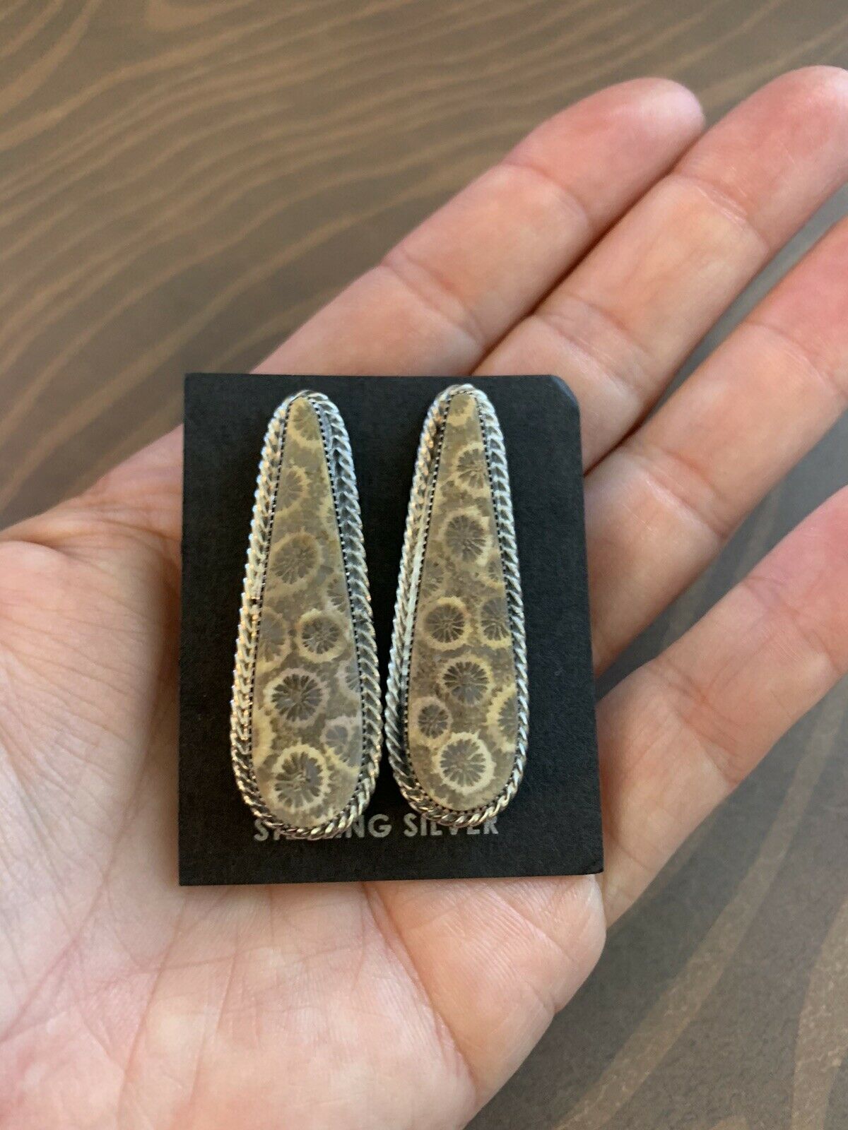 Handcrafted Fossilized Coral & Sterling Silver Post Earrings Signed