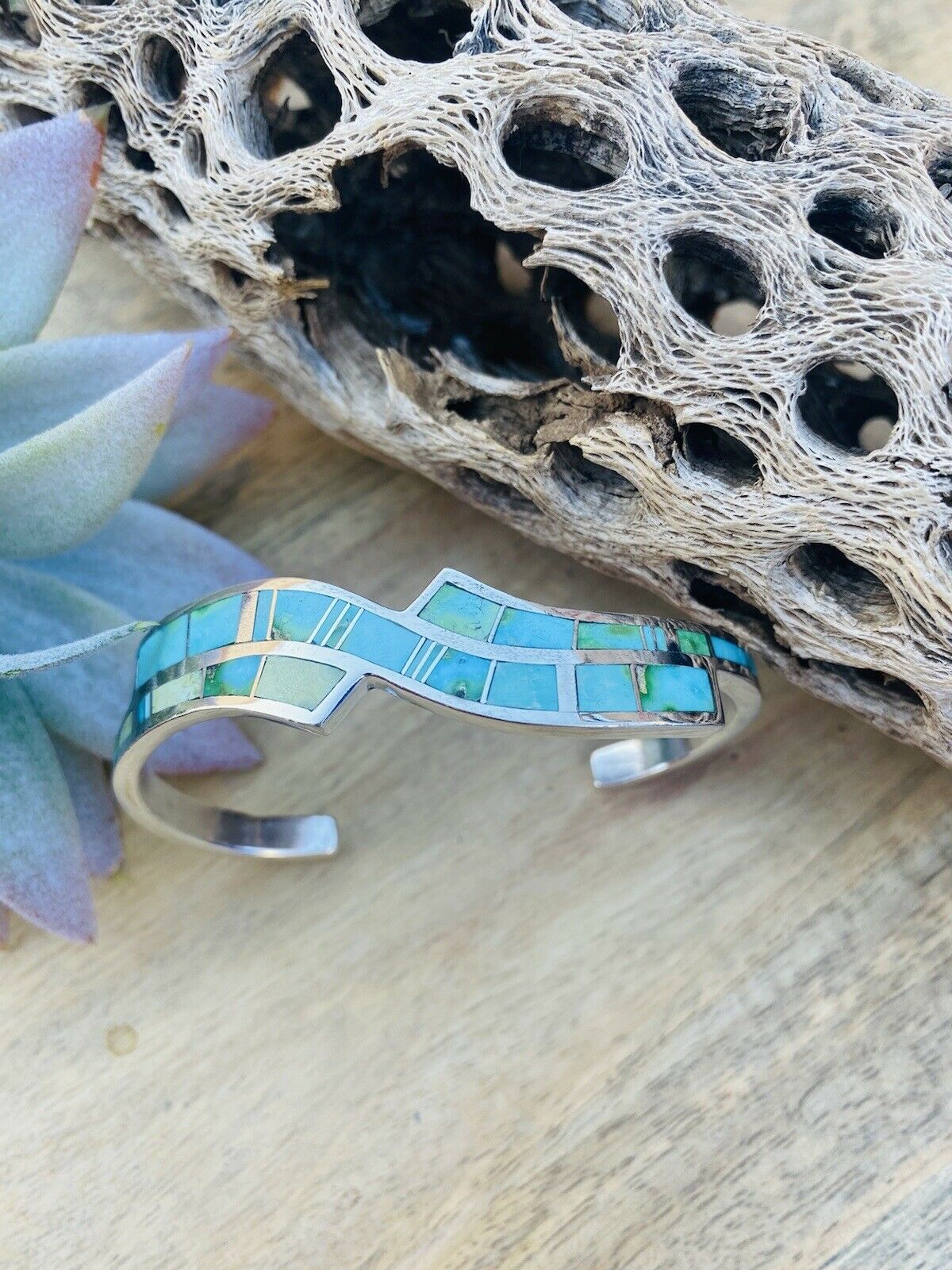 Handcrafted Sonoran Mountain Turquoise & Sterling Silver Inlay Cuff Bracelet /
