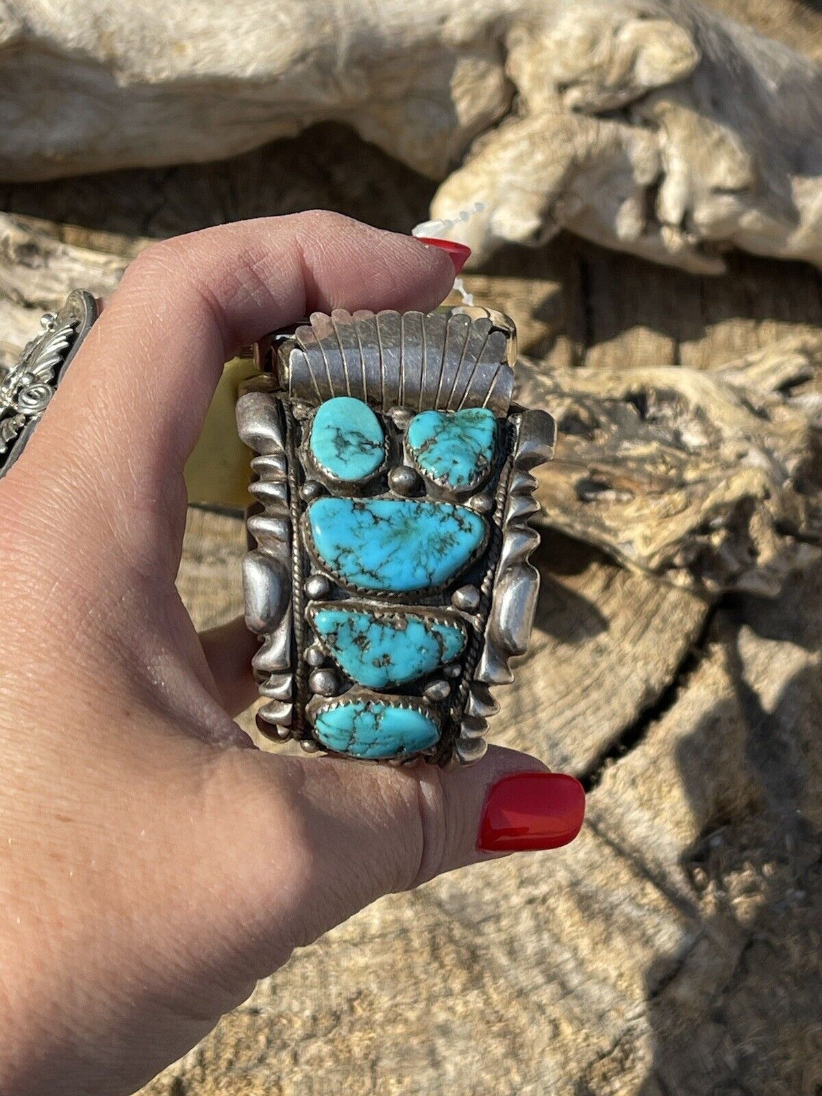 Vintage Navajo Sterling Silver & Kingman Turquoise Non Working Watch Bracelet