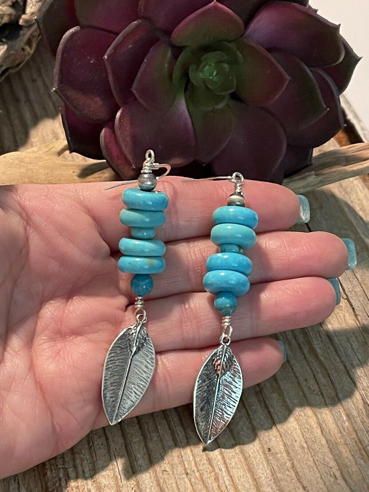 Handcrafted Sterling Silver & Blue Turquoise Leaf Dangle Earrings