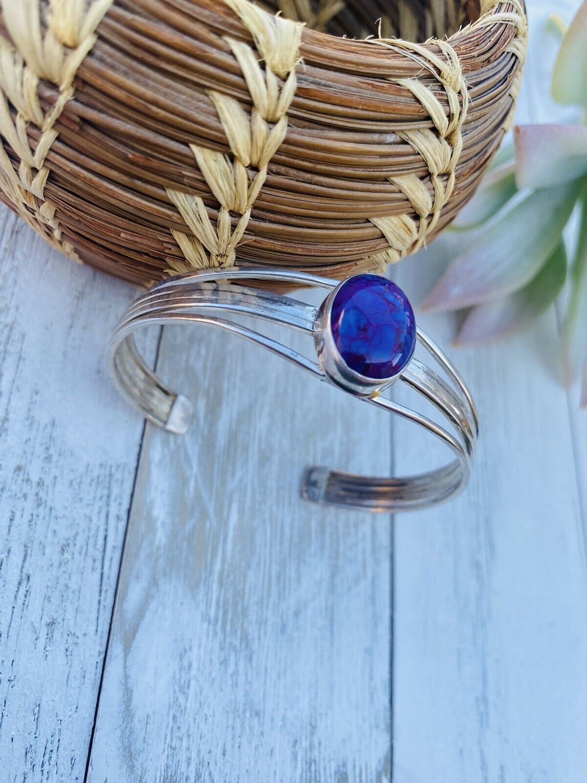 Handcrafted Purple Kingman Turquoise & Sterling Silver Cuff Bracelet Signed