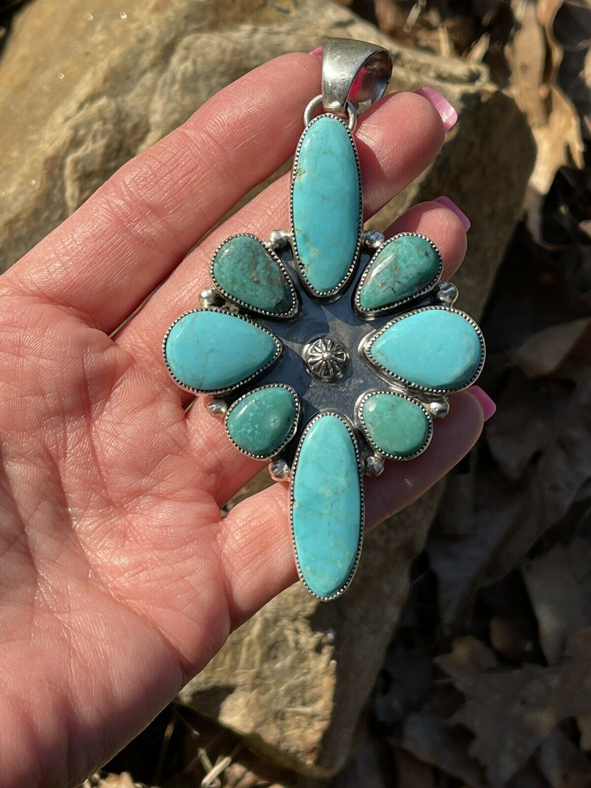 Handcrafted Multi Turquoise Cluster & Sterling Pendant Signed