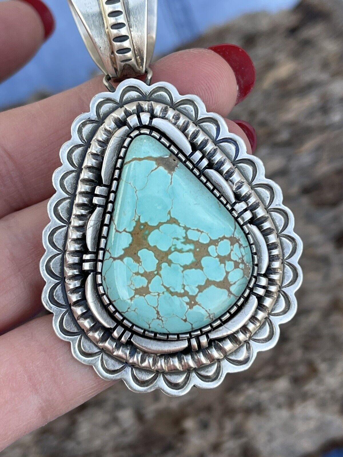 Navajo Number 8 Turquoise & Sterling Silver Jumbo Pendant Signed
