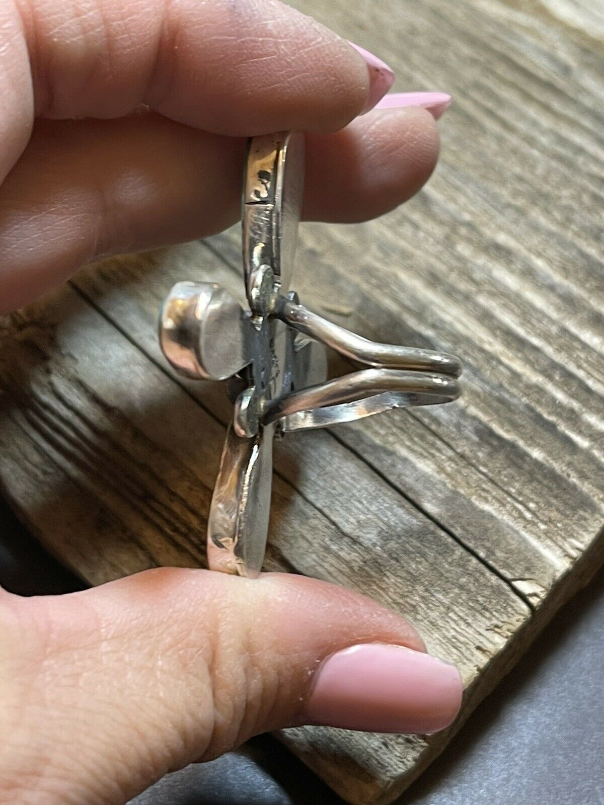 Handcrafted Sterling Silver & Royston Turquoise Scroll Petal Ring Size 7 Signed