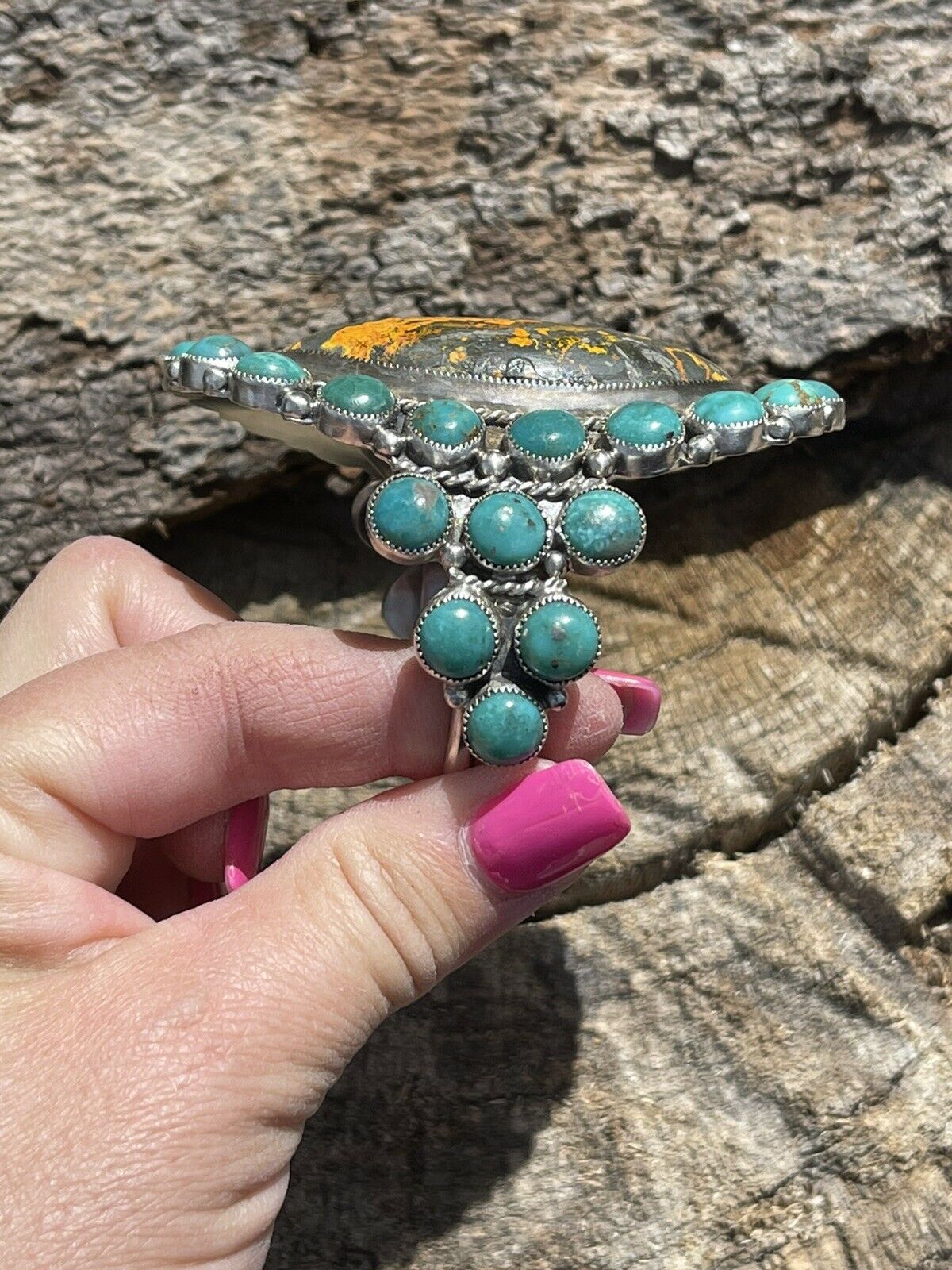 Navajo Sterling Silver Bumblebee & Turquoise Cluster Cuff Bracelet /